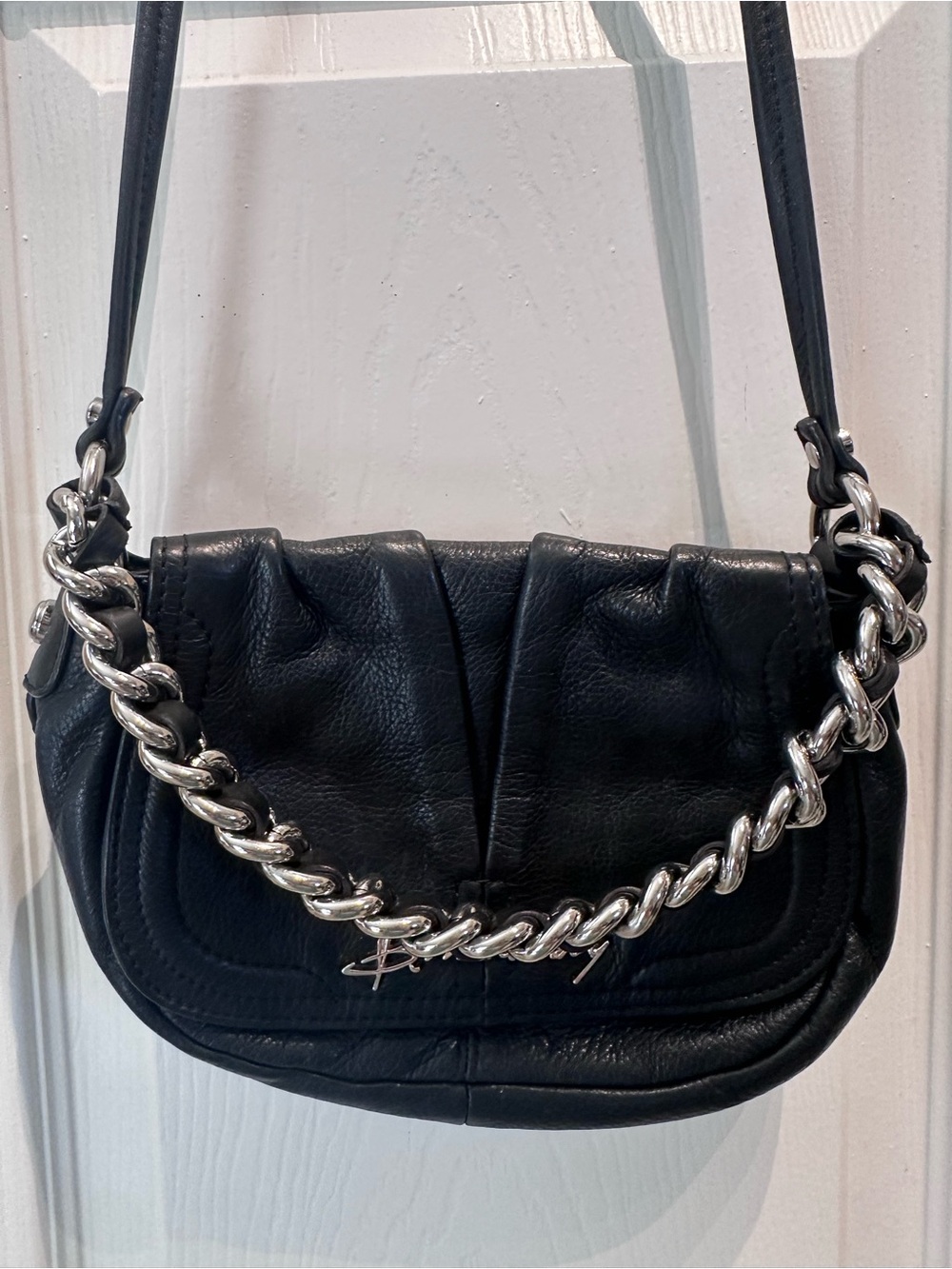 Black Leather Shoulder Bag with Silver Chain